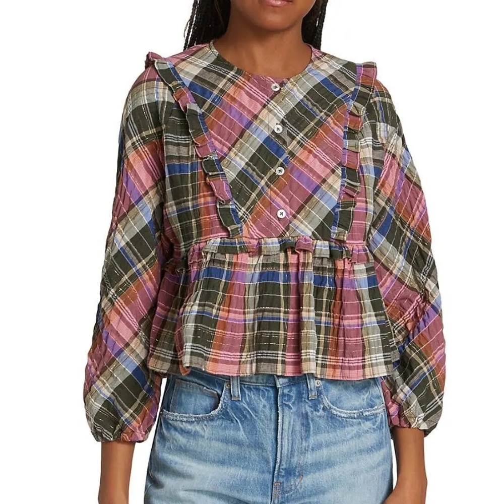 Veronica Beard NWT Katalina Top, Plaid Ruffles, Green Pink, Crop, Size 10 / M